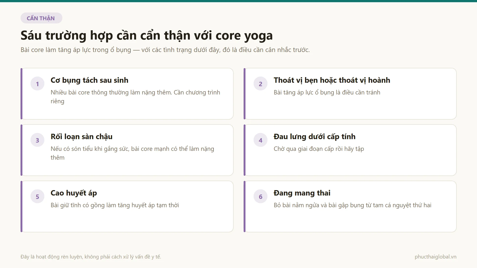 Danh sách sáu nhóm cần thận trọng với core yoga: cơ bụng tách sau sinh, thoát vị, rối loạn sàn chậu, đau lưng dưới cấp tính, cao huyết áp và đang mang thai