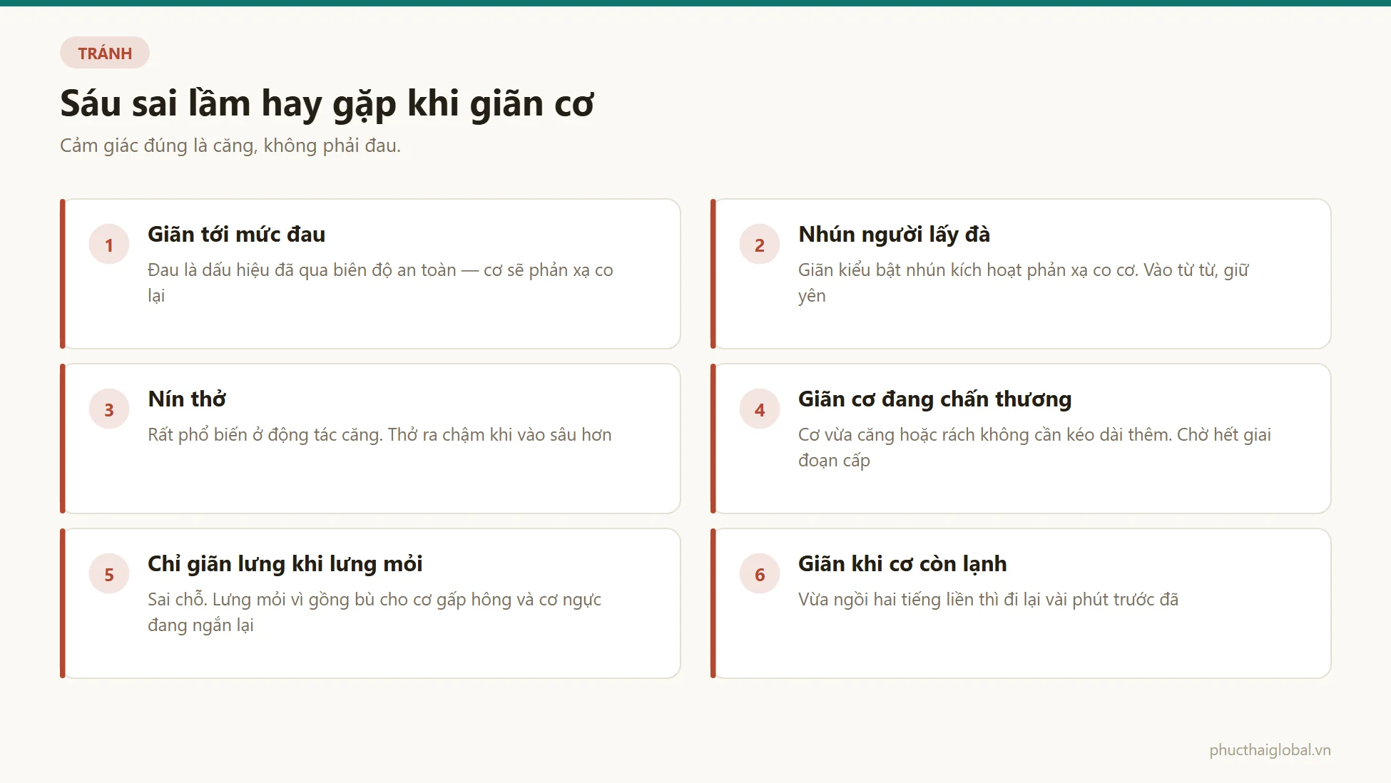 Sáu sai lầm hay gặp khi giãn cơ: giãn tới mức đau, nhún người lấy đà, nín thở, giãn cơ đang chấn thương, chỉ giãn lưng khi lưng mỏi và giãn khi cơ còn lạnh