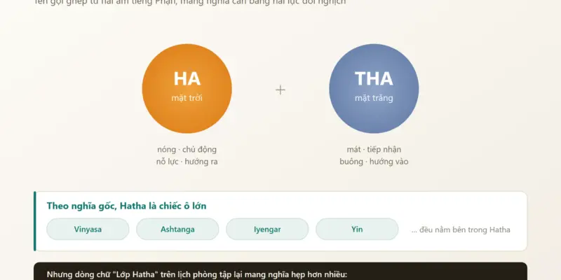 Sơ đồ giải nghĩa từ Hatha ghép từ ha là mặt trời và tha là mặt trăng trong tiếng Phạn, kèm danh sách Vinyasa Ashtanga Iyengar Yin đều nằm bên trong Hatha