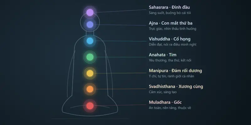 Sơ đồ bảy luân xa trên cơ thể người ngồi thiền, từ luân xa gốc ở xương cụt lên luân xa đỉnh đầu, kèm tên Phạn ngữ và chủ đề của từng luân xa