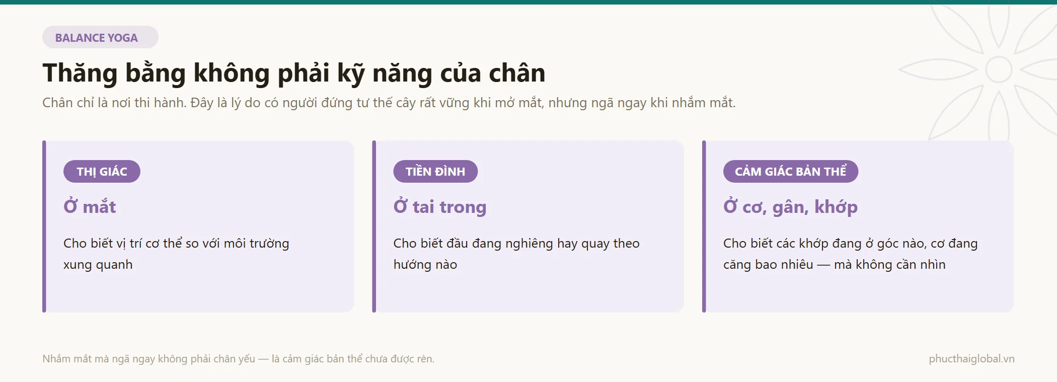 Ba hệ thống quyết định thăng bằng — thị giác ở mắt, tiền đình ở tai trong và cảm giác bản thể ở cơ gân khớp — cùng thông tin mỗi hệ cung cấp
