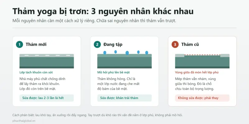 Sơ đồ cắt lớp so sánh ba nguyên nhân làm thảm yoga bị trơn: lớp tách khuôn trên thảm mới, mồ hôi phủ bề mặt khi đang tập, và lớp phủ đã mòn hết ở thảm cũ