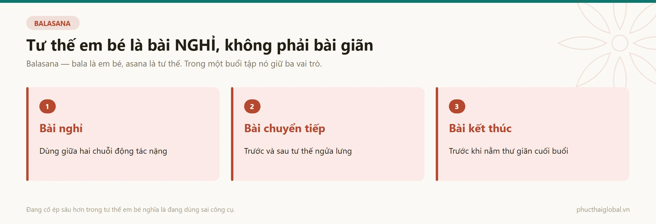 Ba vai trò của tư thế em bé trong một buổi tập yoga: bài nghỉ giữa hai chuỗi nặng, bài chuyển tiếp quanh tư thế ngửa lưng, và bài kết thúc trước khi nằm thư giãn