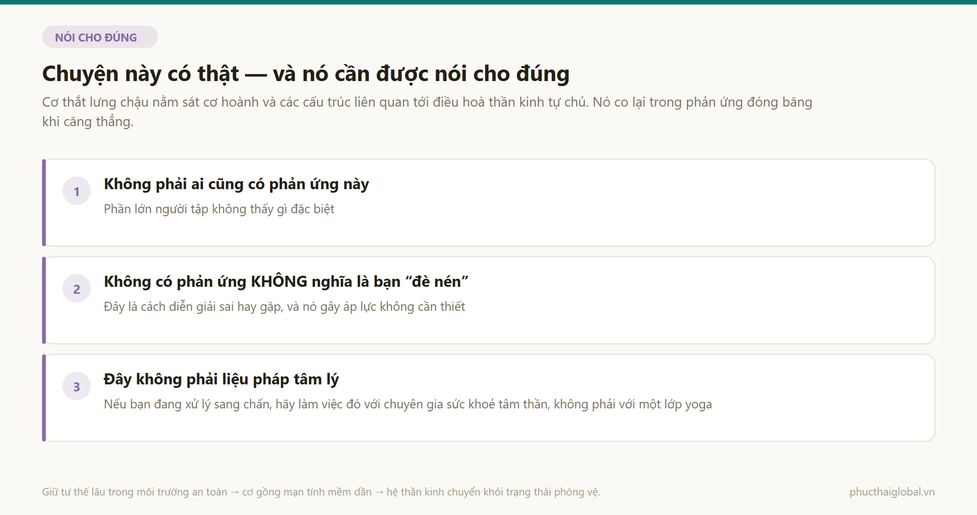 Ba điều cần nói rõ về phản ứng xúc động khi mở hông: không phải ai cũng có phản ứng này, không có phản ứng không nghĩa là đè nén, và đây không phải liệu pháp tâm lý