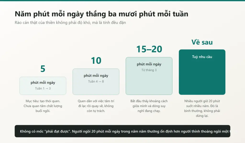 Biểu đồ bốn giai đoạn tăng dần thời lượng thiền từ năm phút mỗi ngày trong ba tuần đầu lên mười lăm tới hai mươi phút từ tháng thứ ba
