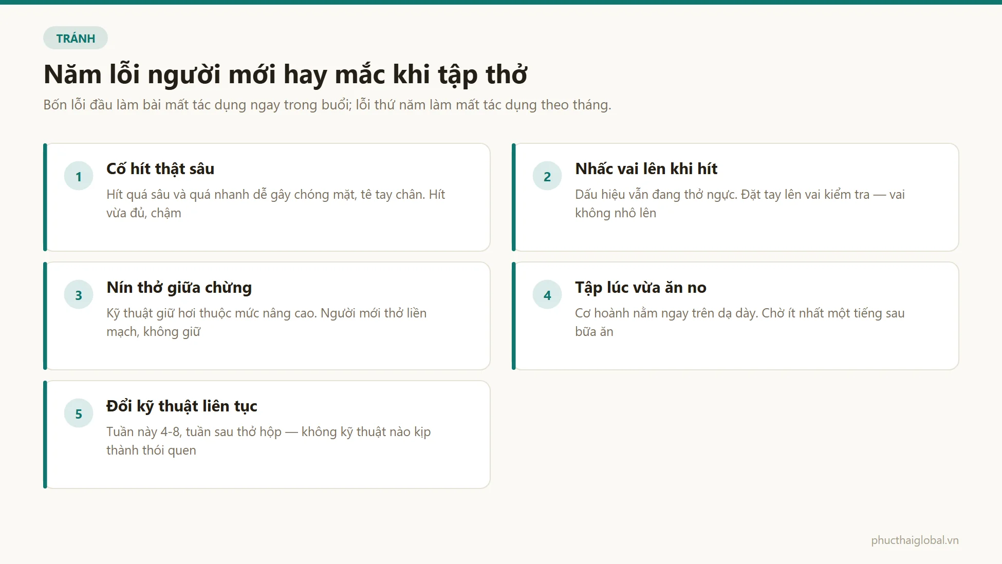 Năm lỗi người mới hay mắc khi tập thở: cố hít thật sâu, nhấc vai khi hít, nín thở giữa chừng, tập lúc vừa ăn no và đổi kỹ thuật liên tục