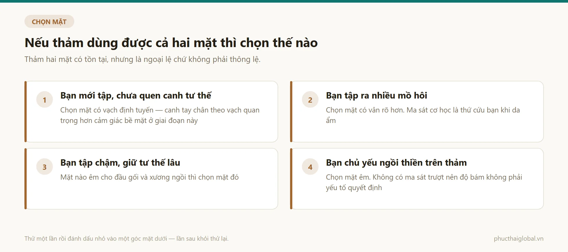 Bốn gợi ý chọn mặt thảm theo kiểu tập: người mới chọn mặt có vạch định tuyến, người ra nhiều mồ hôi chọn mặt vân rõ, người tập chậm chọn mặt êm, người ngồi thiền chọn mặt êm