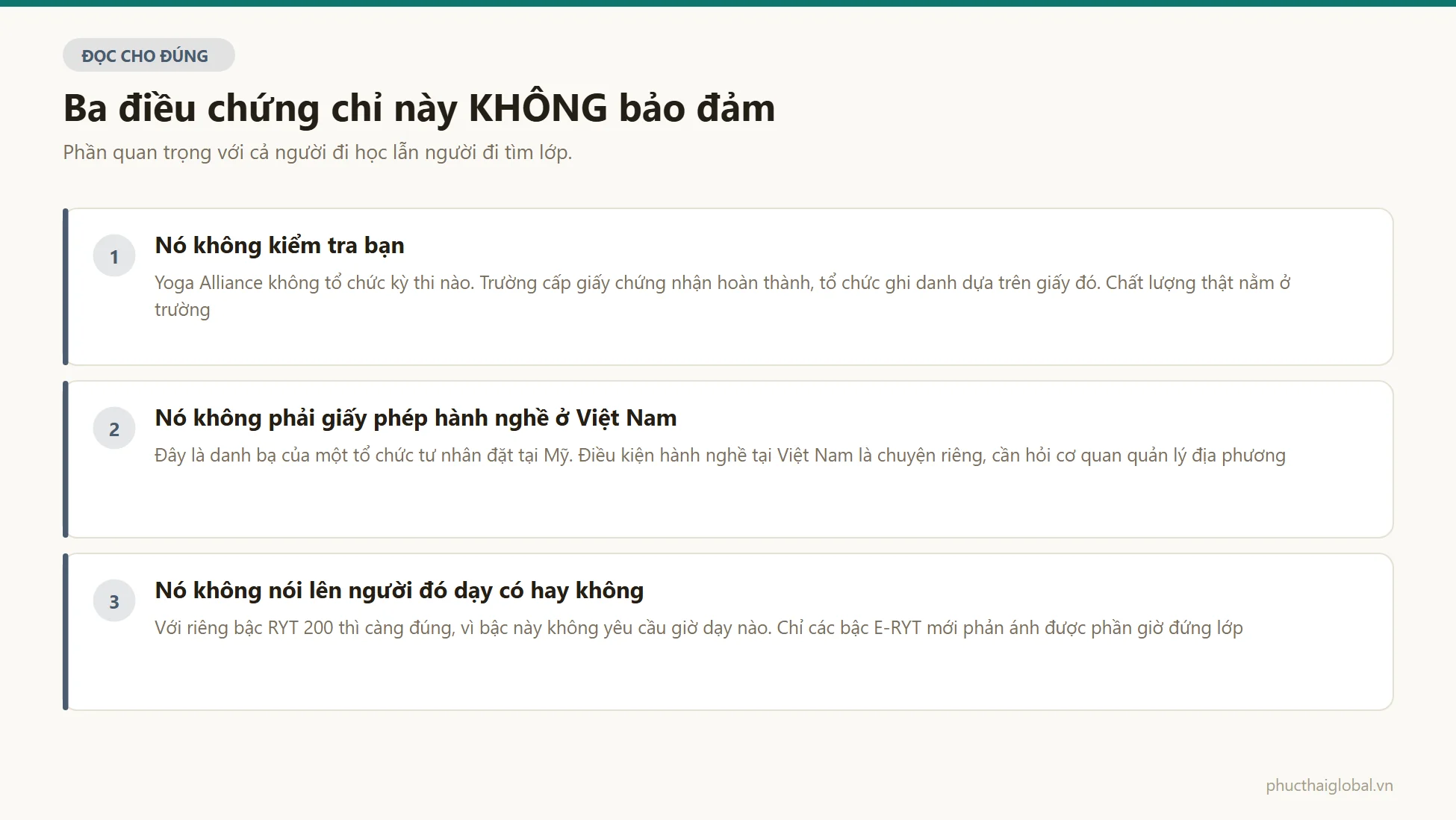 Ba điều Yoga Alliance không bảo đảm: tổ chức không tổ chức kỳ thi nào, đây không phải giấy phép hành nghề tại Việt Nam, và chứng chỉ không nói lên người đó dạy có hay không