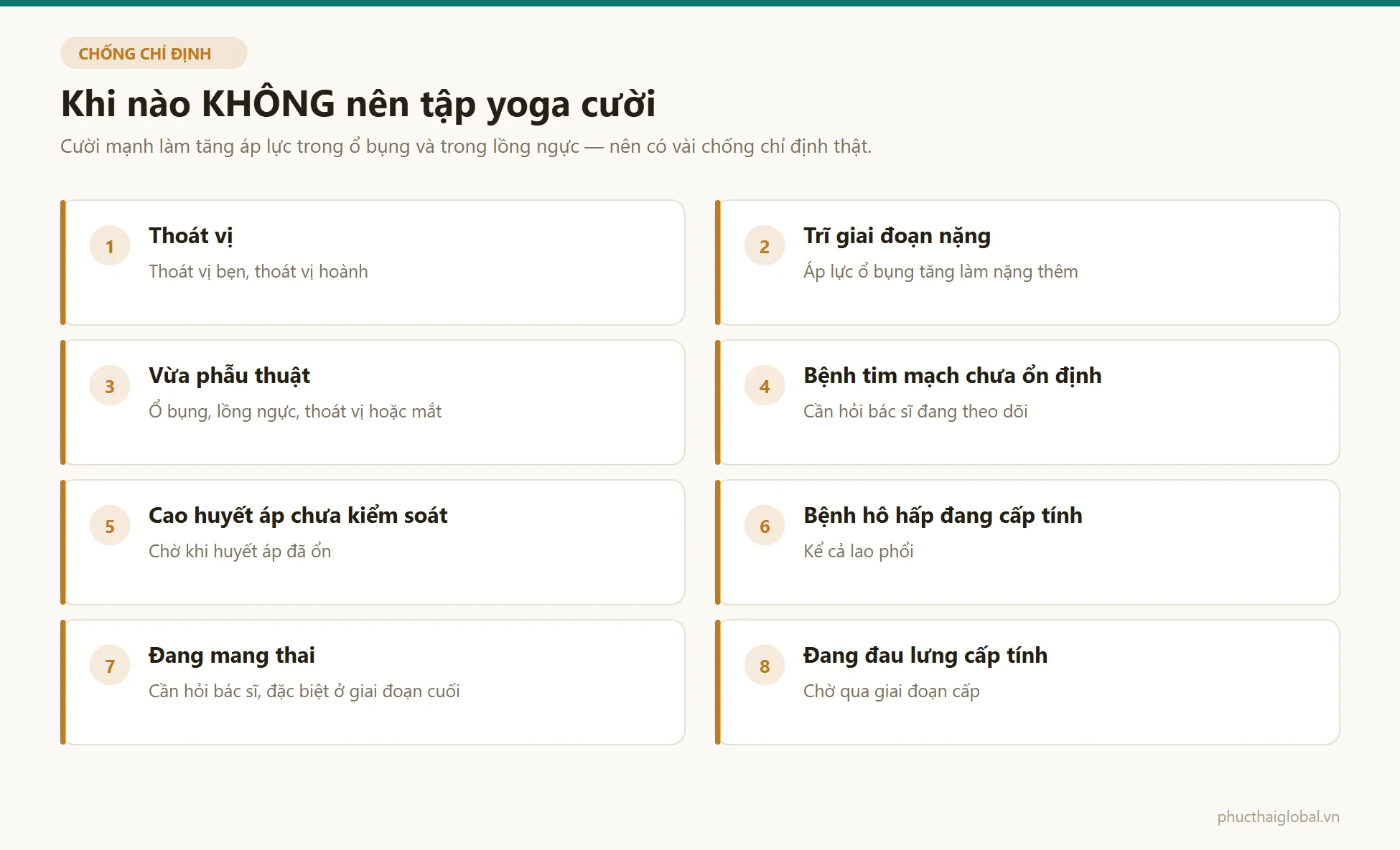 Danh sách các trường hợp không nên tập yoga cười vì cười mạnh làm tăng áp lực trong ổ bụng và lồng ngực, gồm thoát vị, trĩ nặng, vừa phẫu thuật, bệnh tim mạch và hô hấp chưa ổn định