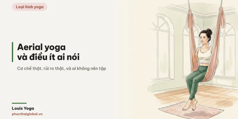 Tranh minh hoạ bài Aerial yoga (yoga bay) là gì? Cơ chế, rủi ro thật và ai không nên tập
