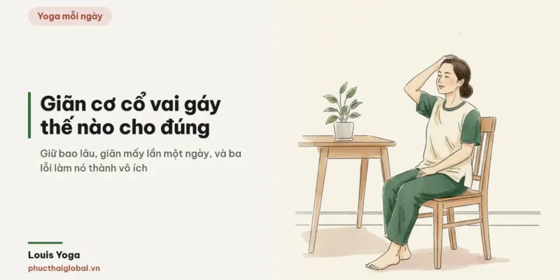 Ảnh bìa bài giãn cơ cổ vai gáy — tranh màu nước: người ngồi ghế cạnh bàn, nghiêng đầu, tay đặt hờ lên đầu