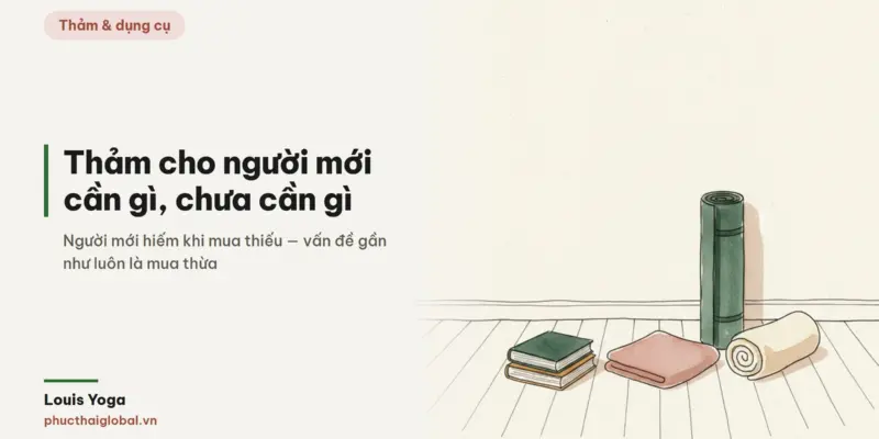 Ảnh bìa bài thảm cho người mới — tranh màu nước: thảm cuộn cạnh chồng sách, khăn gấp và chăn cuộn thay tạm dụng cụ