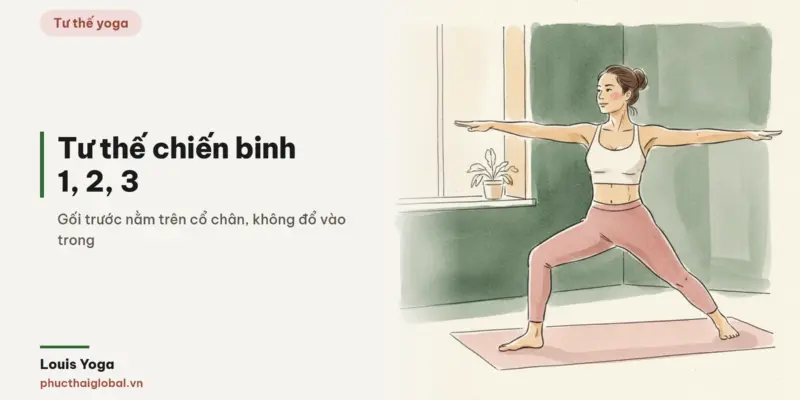 Tranh minh hoạ bài Tư thế chiến binh 1, 2, 3 (Virabhadrasana): cách làm từng bản, 4 lỗi sai và biến thể dễ hơn