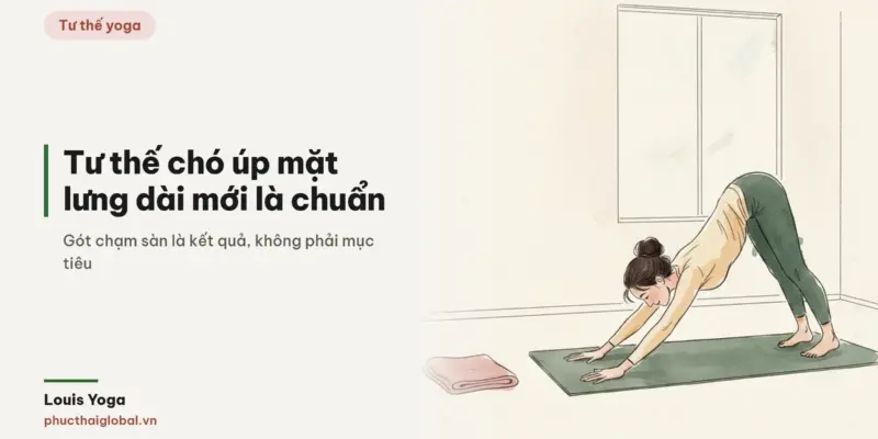 Tranh minh hoạ bài Tư thế chó úp mặt: gót không cần chạm sàn, lưng mới là chỗ phải thẳng
