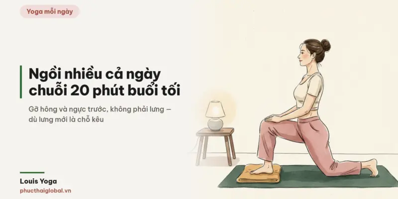Tranh minh hoạ bài Yoga buổi tối cho người ngồi nhiều: chuỗi 20 phút gỡ đúng chỗ