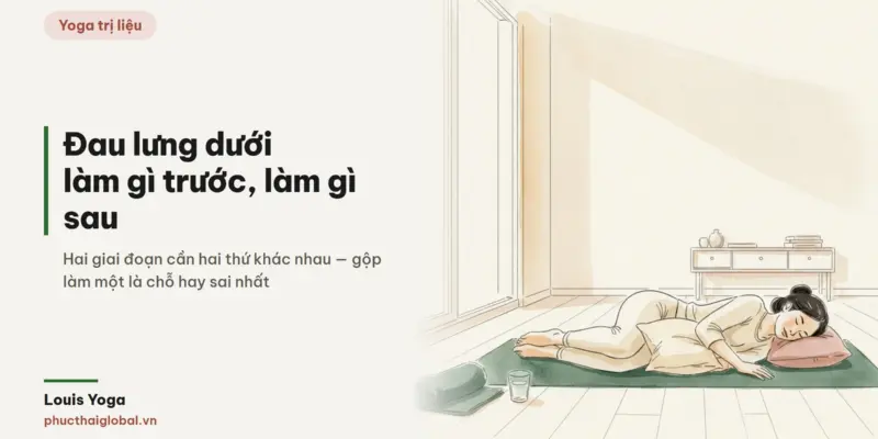 Ảnh bìa bài Yoga cho người đau lưng dưới tại nhà — tranh màu nước: người nằm nghiêng trên thảm, gối kê giữa hai đầu gối