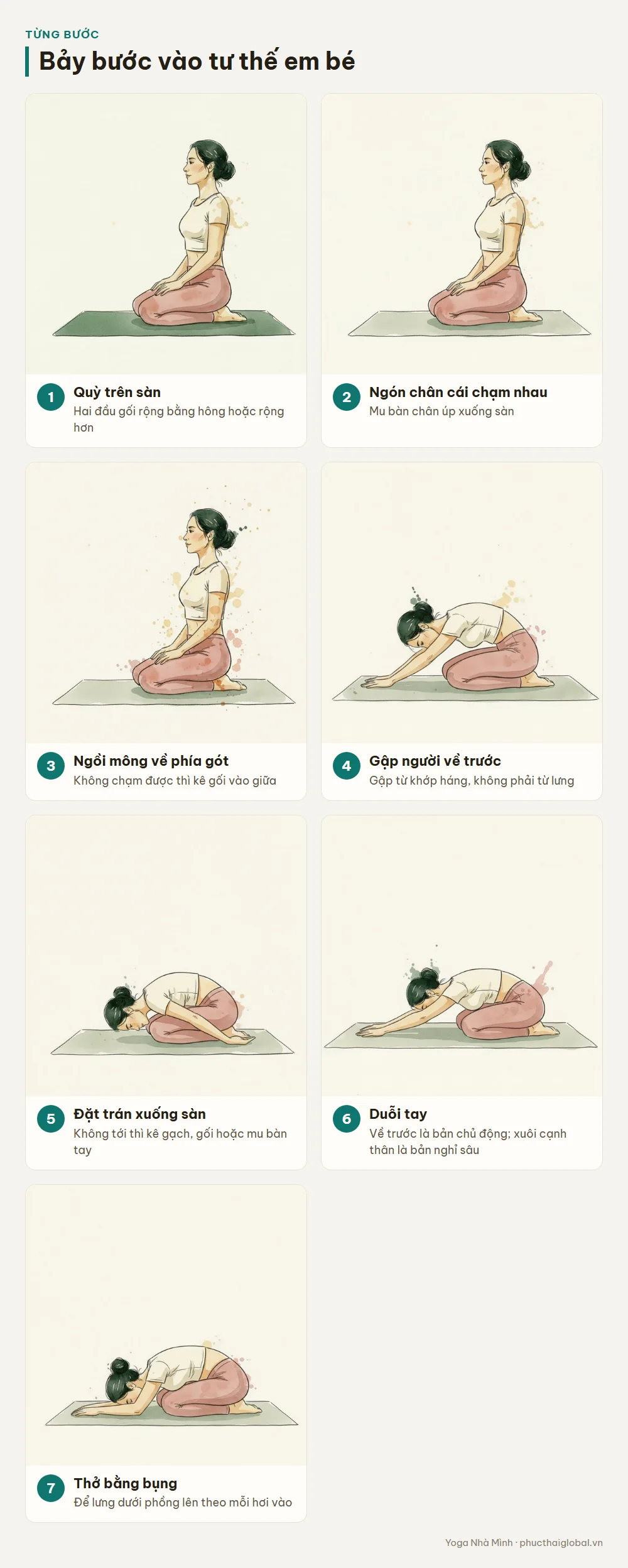 Chuỗi tranh màu nước từng bước: bảy bước vào tư thế em bé