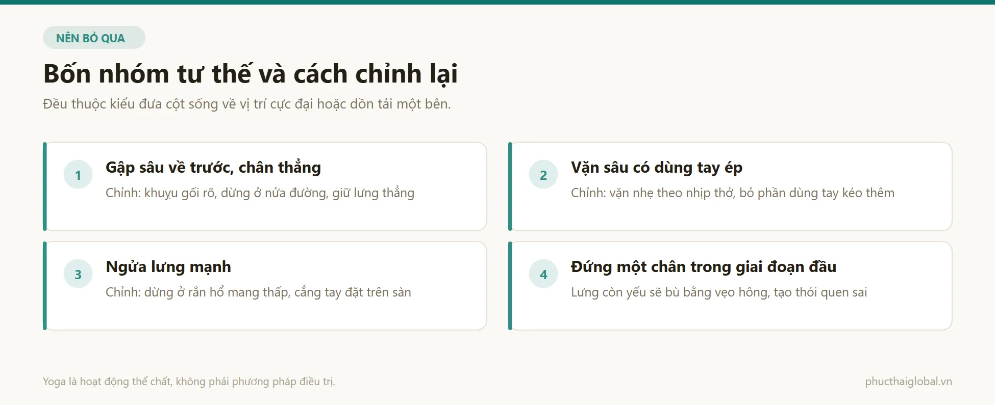 Danh sách bốn nhóm tư thế nên bỏ qua trong hai tới ba tuần đầu và cách chỉnh lại từng nhóm