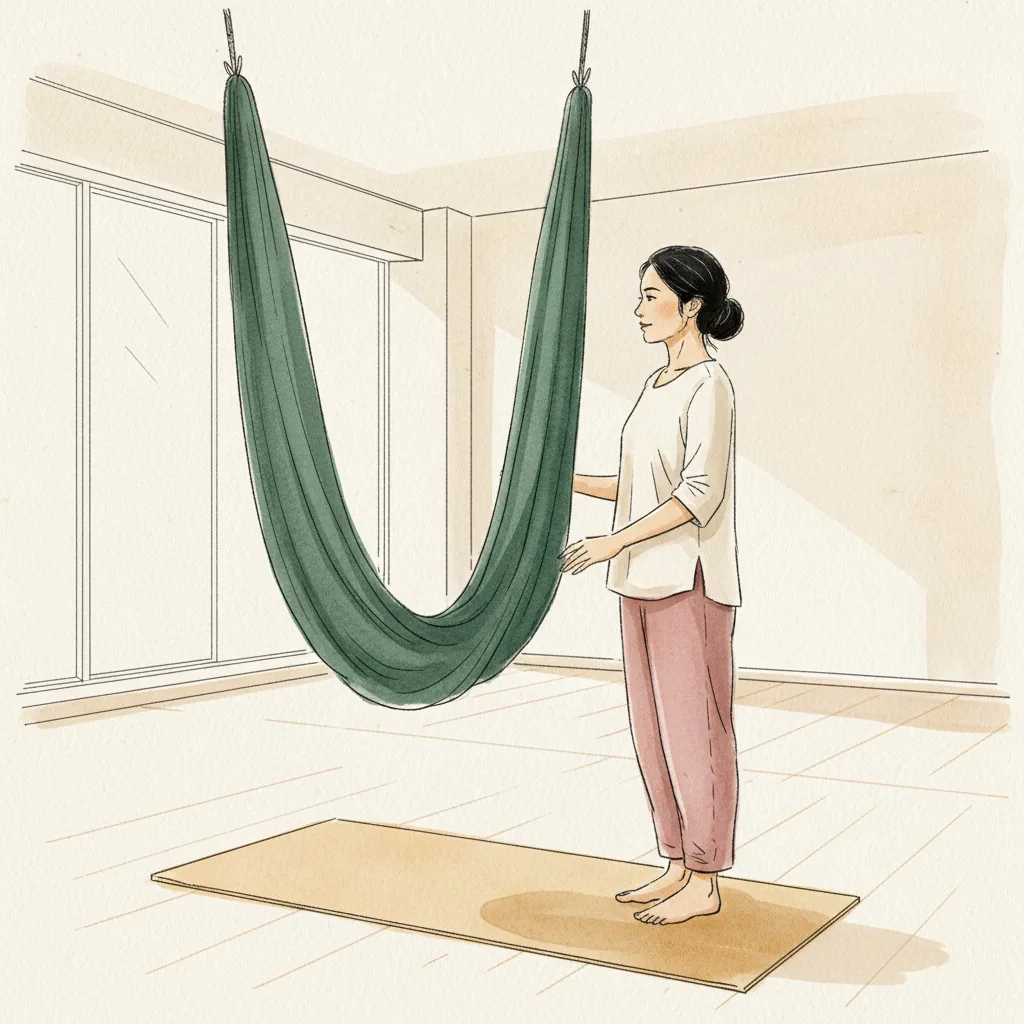 Tranh màu nước: đứng cạnh dải võng lụa treo từ trần, một tay giữ võng ngang hông, hai chân vẫn đứng trên sàn