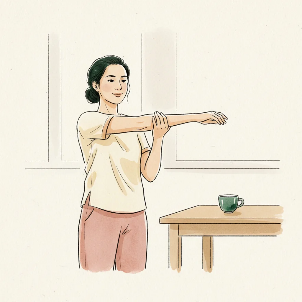 Tranh màu nước: đứng cạnh bàn làm việc, một tay kéo ngang ngực và giữ trên khuỷu bằng tay kia