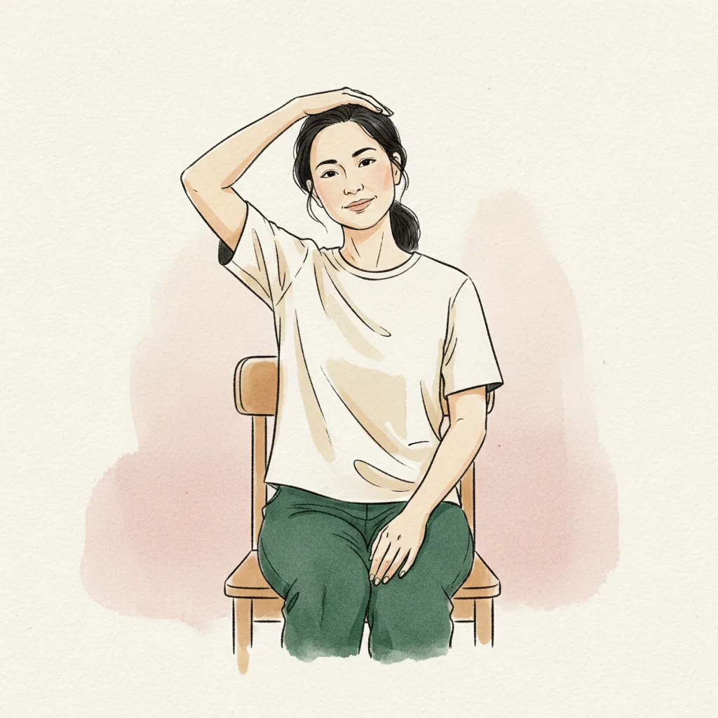 Tranh màu nước: ngồi thẳng trên ghế, nghiêng đầu nhẹ sang một bên, một tay đặt hờ trên đầu