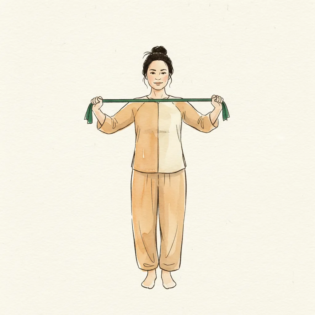 Tranh màu nước: đứng kéo dây kháng lực nhẹ căng giữa hai tay trước ngực