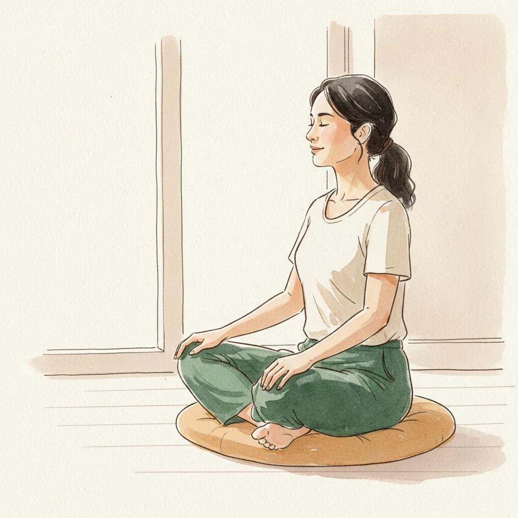 Tranh màu nước: ngồi xếp bằng trên bồ đoàn cạnh cửa sổ, hai tay đặt trên gối, vai thả xuống