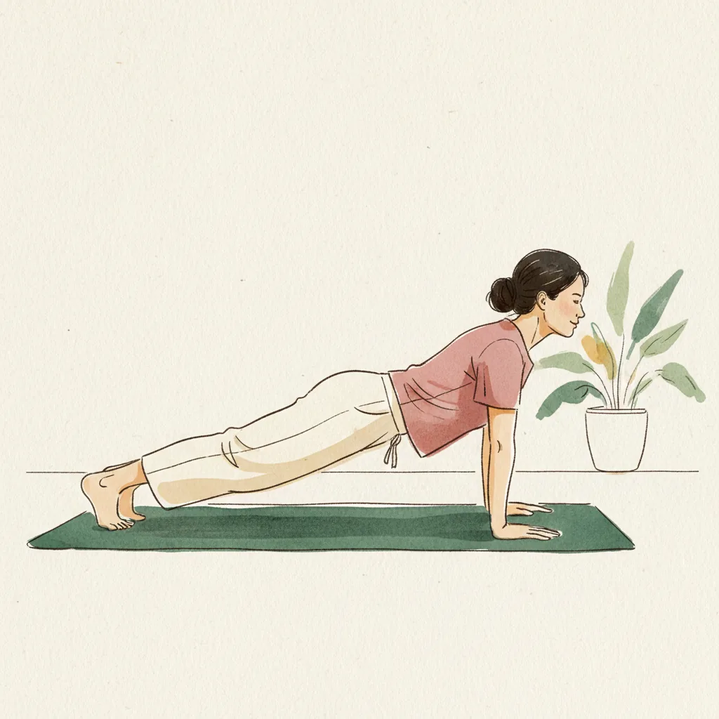 Tranh màu nước: giữ plank tay thẳng, bàn tay dưới vai, thân thẳng một đường
