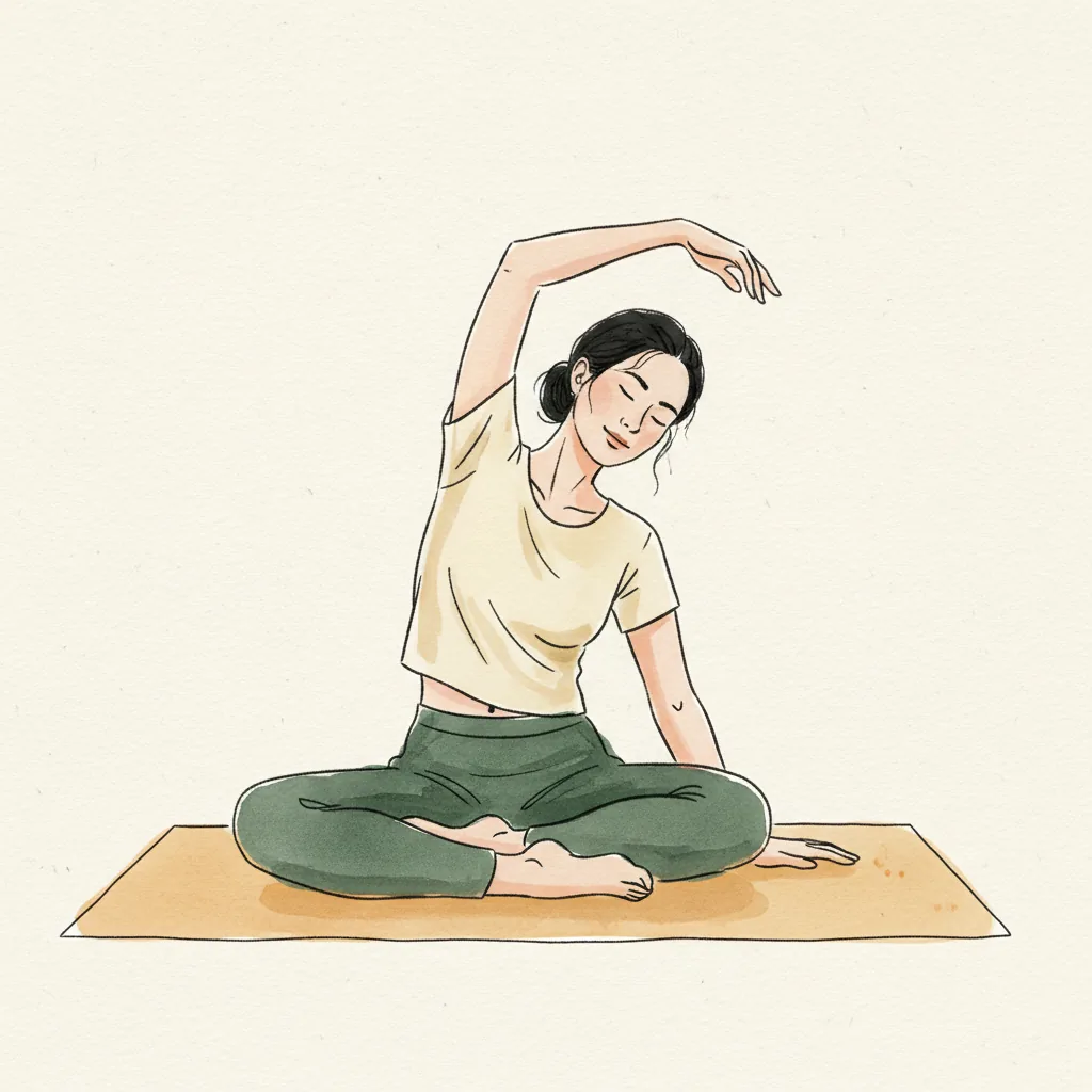 Tranh màu nước: ngồi xếp bằng, nghiêng nhẹ thân sang một bên, một tay chống thảm
