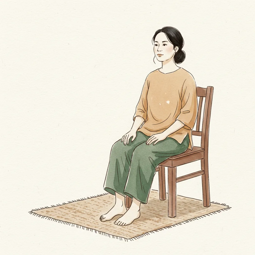 Tranh màu nước: ngồi thẳng trên ghế đặt trên tấm thảm trải sàn, hai chân đặt phẳng