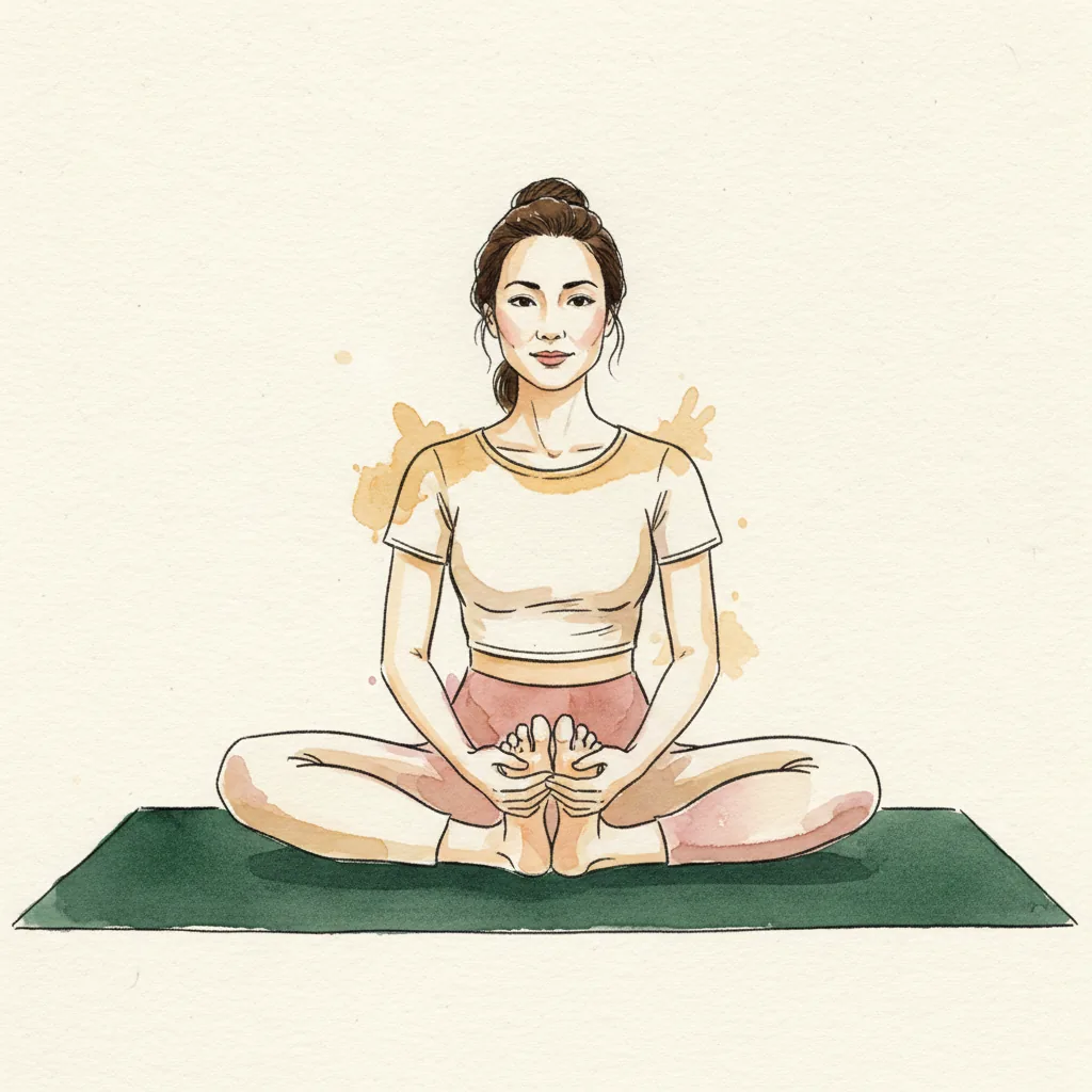 Tranh màu nước: ngồi chụm hai lòng bàn chân, hai gối mở sang hai bên, lưng thẳng