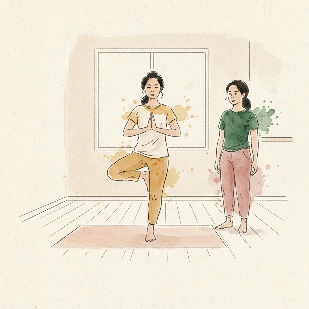 Tranh màu nước: người tập đứng trên thảm, người hướng dẫn đứng bên cạnh quan sát