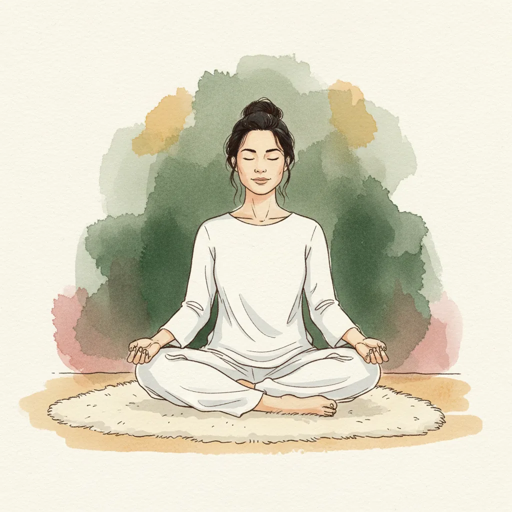 Tranh màu nước: ngồi xếp bằng trên tấm thảm lông, áo trắng giản dị, mắt nhắm