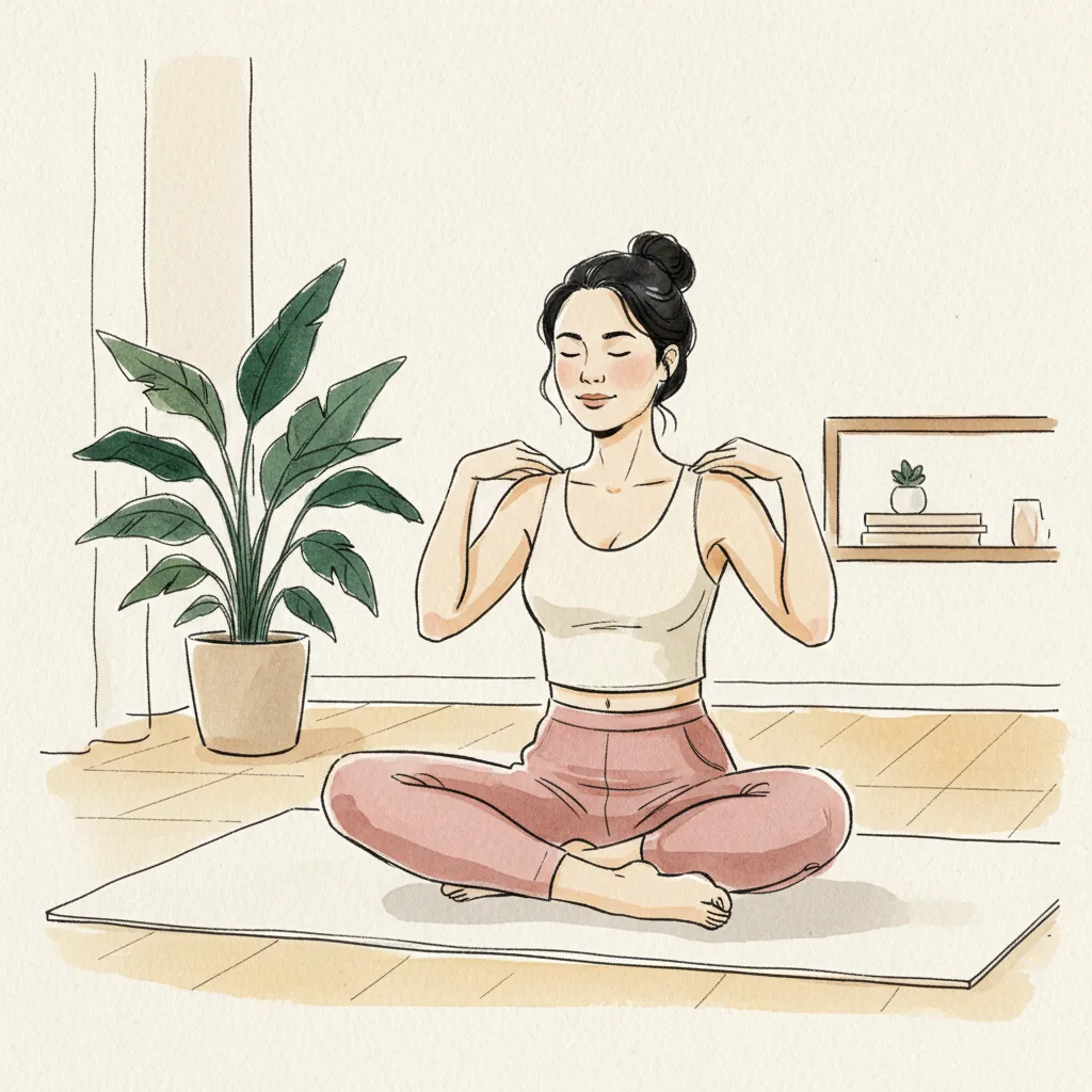 Tranh màu nước: ngồi xếp bằng trên thảm tại nhà, xoay vai nhẹ nhàng