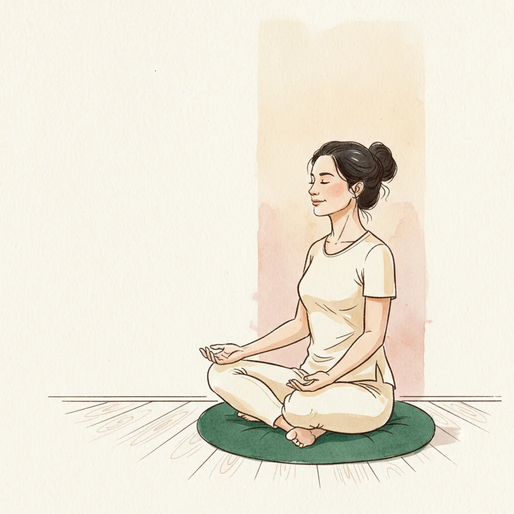 Tranh màu nước: ngồi thiền xếp bằng trên bồ đoàn, lưng thẳng, phía sau là mảng màu loang nhạt trên tường