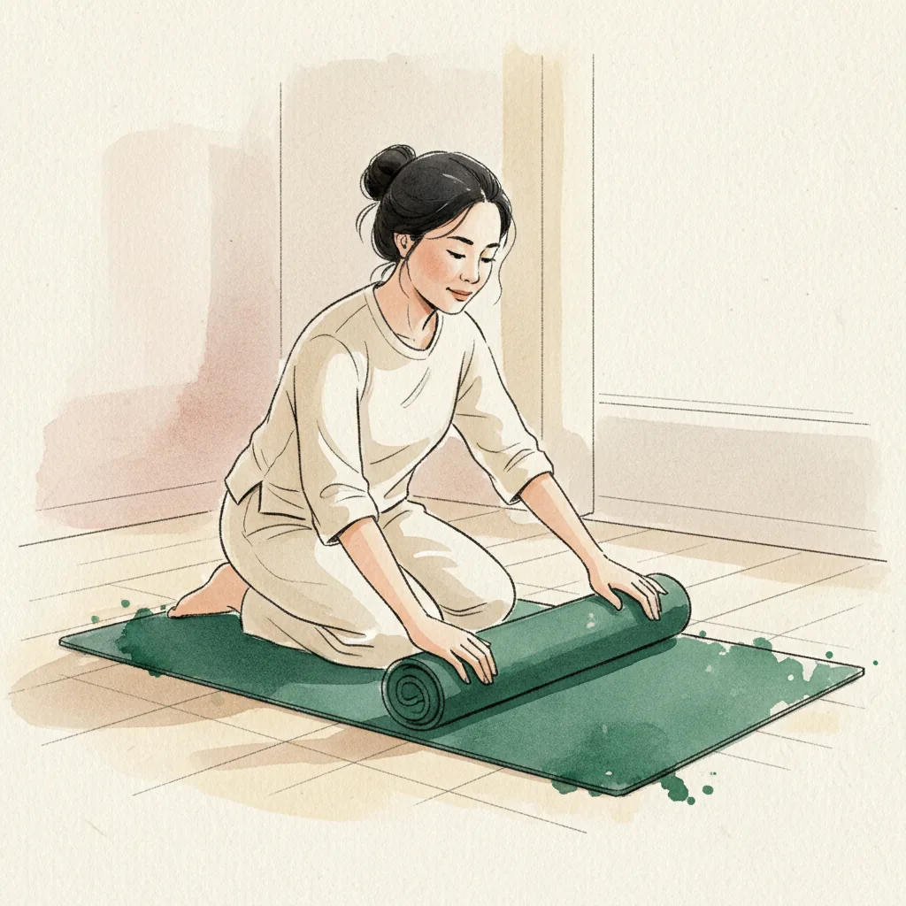 Tranh màu nước: quỳ trên sàn gỗ, hai tay trải thảm yoga ra