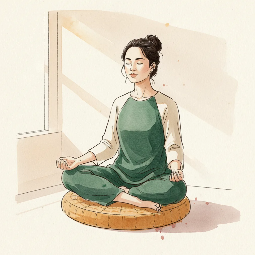 Tranh màu nước: ngồi thiền xếp bằng trên bồ đoàn, ánh sáng buổi sáng qua cửa sổ