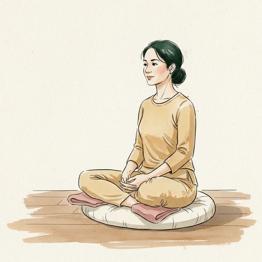 Tranh màu nước: ngồi xếp bằng trên bồ đoàn tròn có khăn phủ, hông cao hơn hai gối, hai tay đặt trong lòng