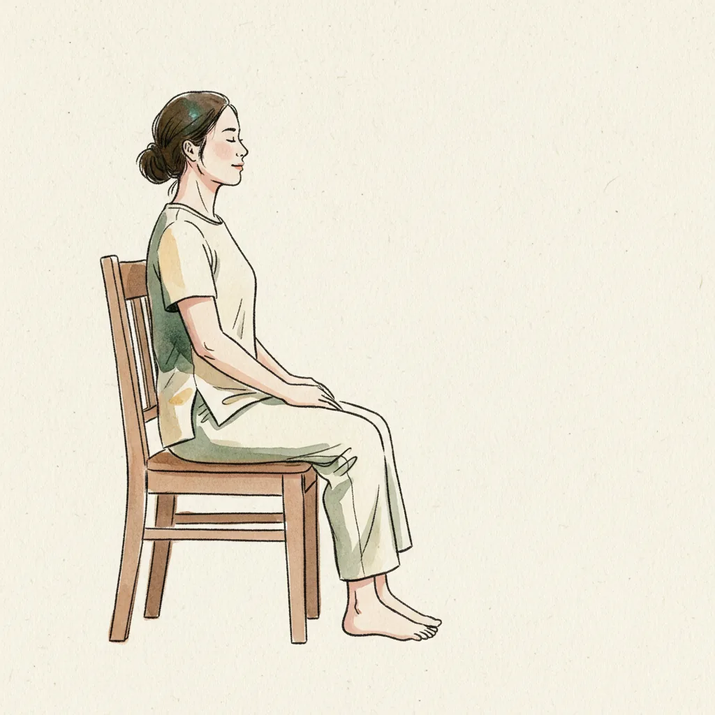 Tranh màu nước: ngồi thẳng trên ghế gỗ, hai bàn chân đặt phẳng sàn, hai tay đặt trên đùi