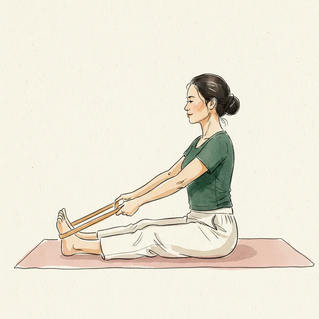 Tranh màu nước: ngồi duỗi chân, gối hơi chùng, cầm dây tập vòng qua bàn chân