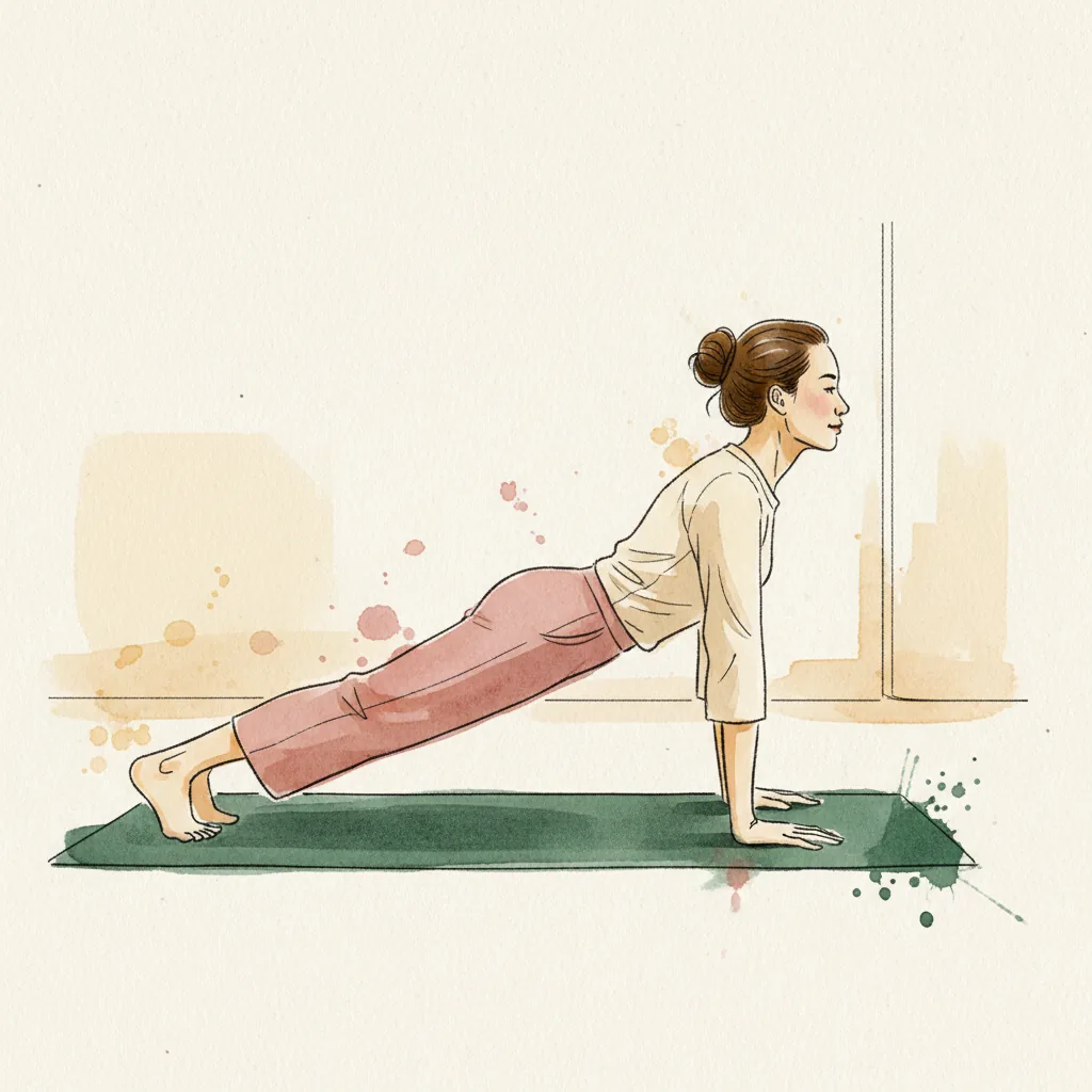 Tranh màu nước: tư thế plank cao, tay dưới vai, thân thẳng một đường từ đầu tới gót