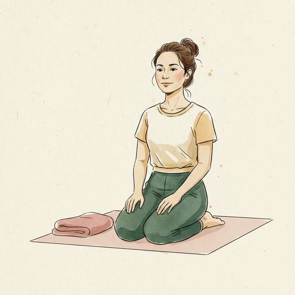 Tranh màu nước: ngồi gót trên thảm, thân thẳng, hai tay đặt trên đùi, cạnh đó là chăn gấp