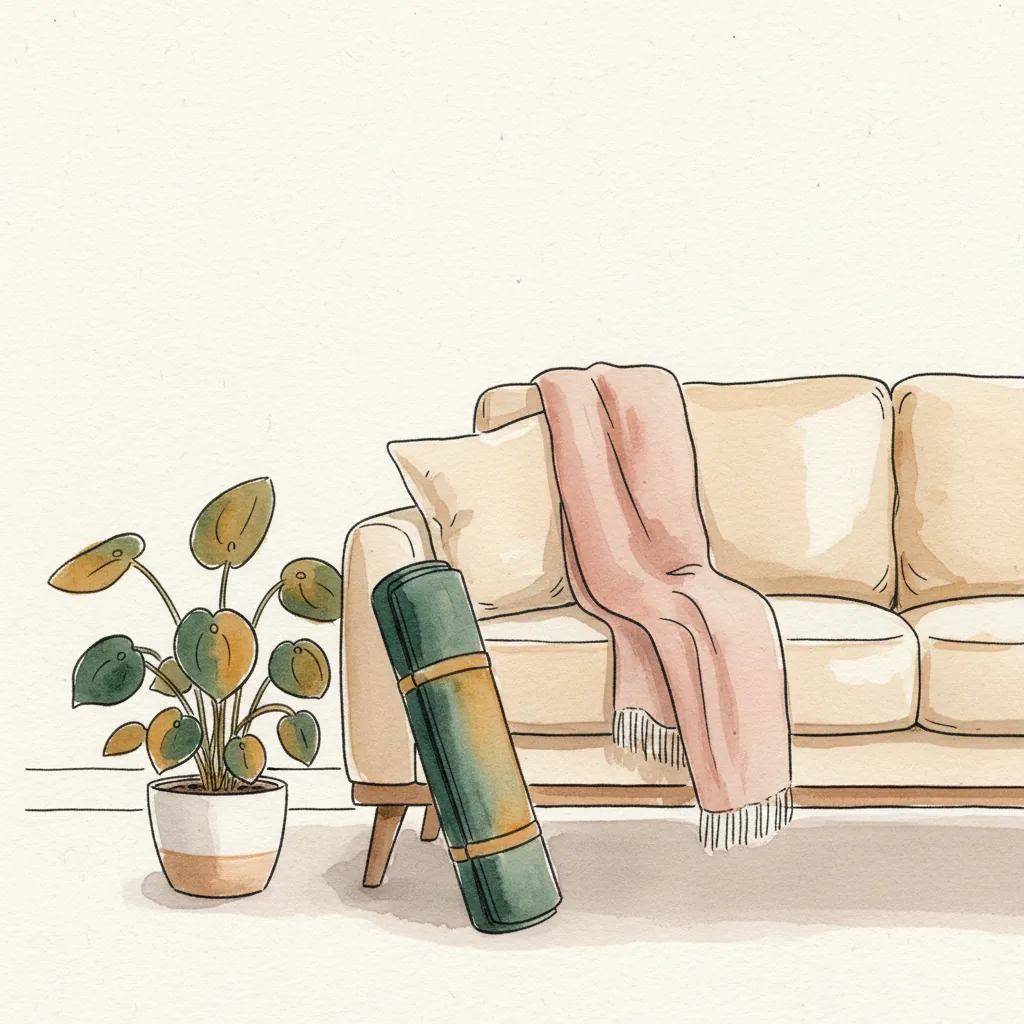 Tranh màu nước tĩnh vật: thảm yoga cuộn dựng cạnh ghế sofa, chăn gấp đặt trên ghế