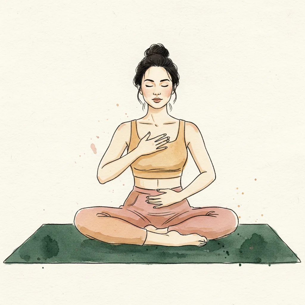 Tranh màu nước: ngồi xếp bằng, một tay đặt ngực, một tay đặt bụng, mắt nhắm