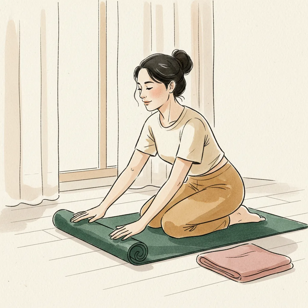 Tranh màu nước: quỳ cạnh cửa sổ, hai tay vuốt phẳng tấm thảm vừa trải, bên cạnh là chăn gấp