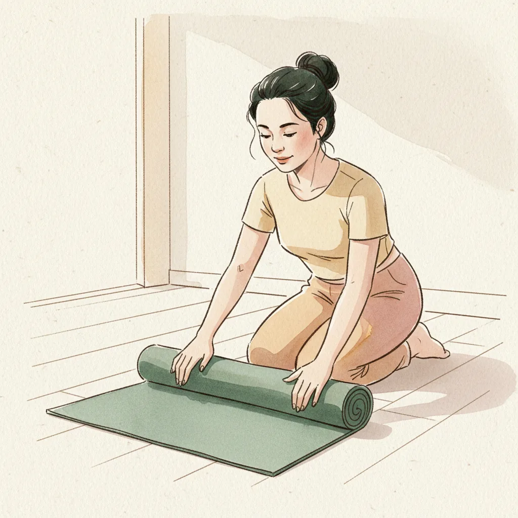 Tranh màu nước: quỳ trên sàn gỗ, đang trải tấm thảm yoga ra