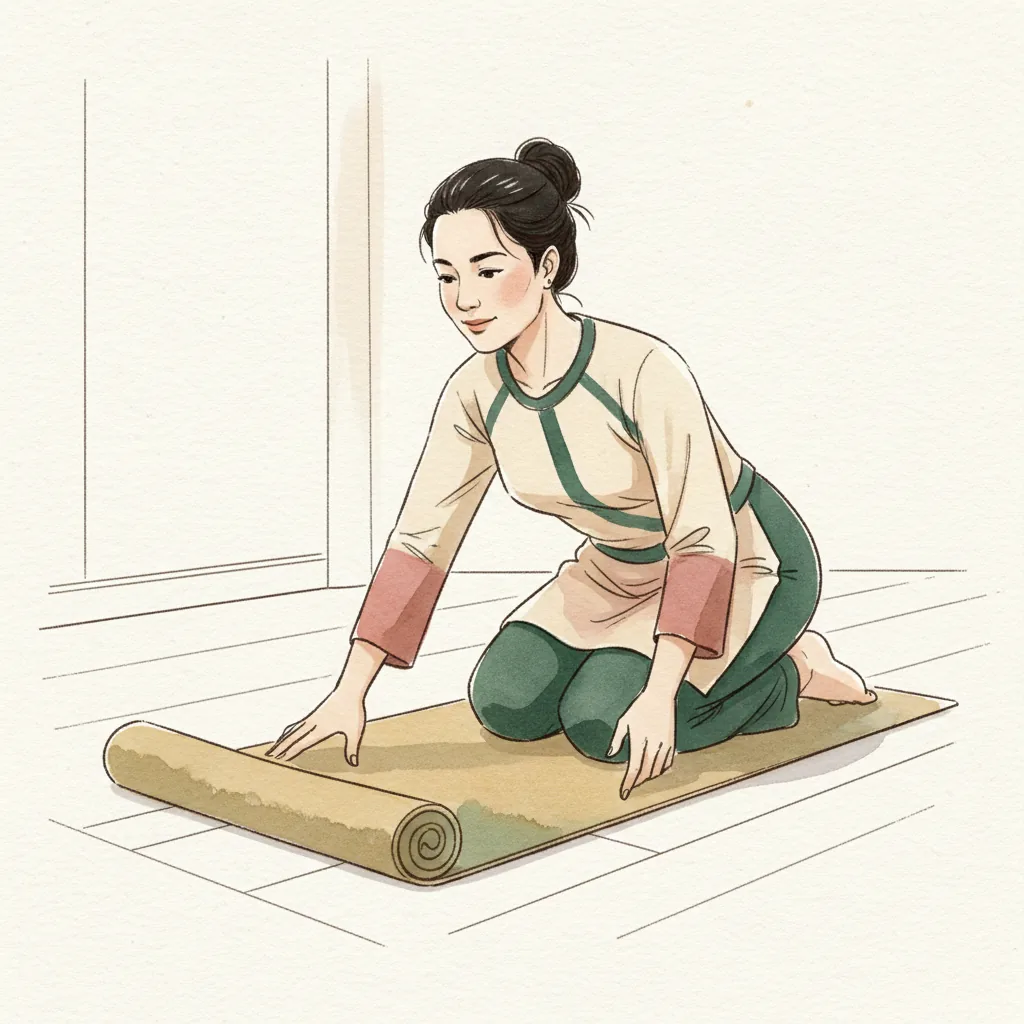 Tranh màu nước: quỳ trên sàn, một lòng bàn tay ấn xuống mặt thảm, tay kia giữ mép thảm