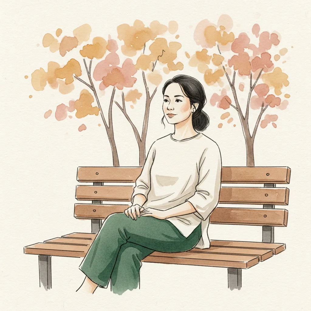Tranh màu nước: ngồi trên ghế đá công viên, mắt mở nhìn hàng cây