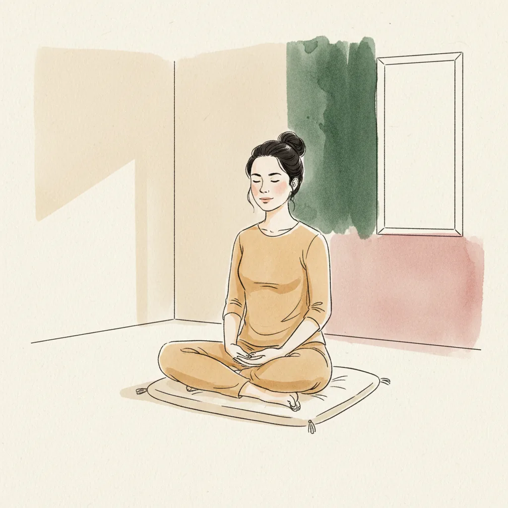 Tranh màu nước: ngồi yên xếp bằng trên bồ đoàn thấp giữa căn phòng gần như trống, hai tay đặt chồng trong lòng