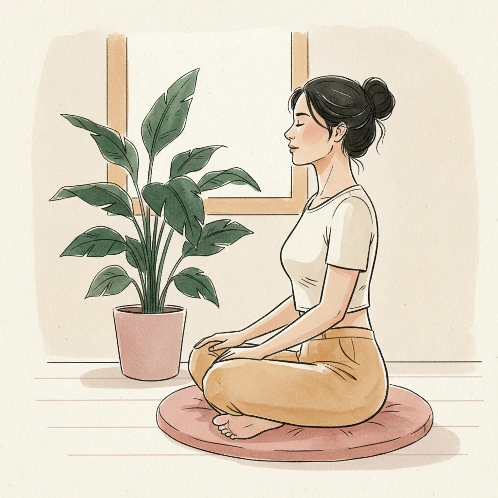 Tranh màu nước: ngồi thiền xếp bằng trên bồ đoàn tròn, lưng thẳng, hai tay đặt trên gối, phía sau là cửa sổ và chậu cây